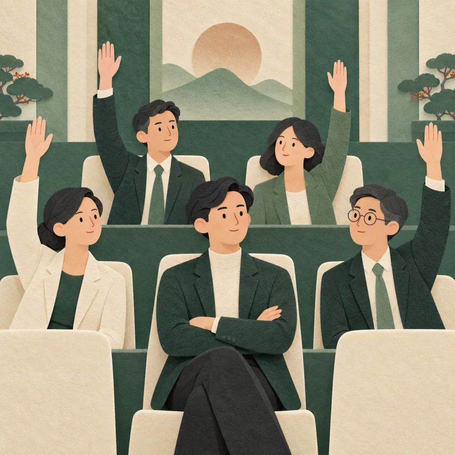 Several people raise hands while one sits with arms folded
