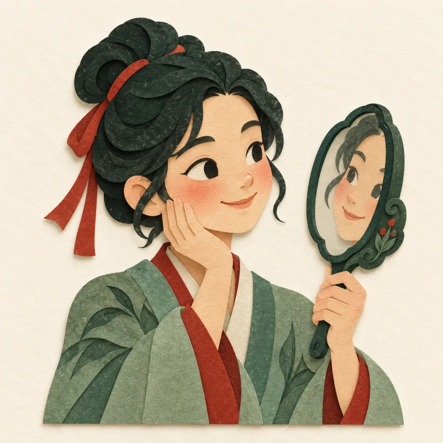 A person with rosy cheeks smiling at a mirror