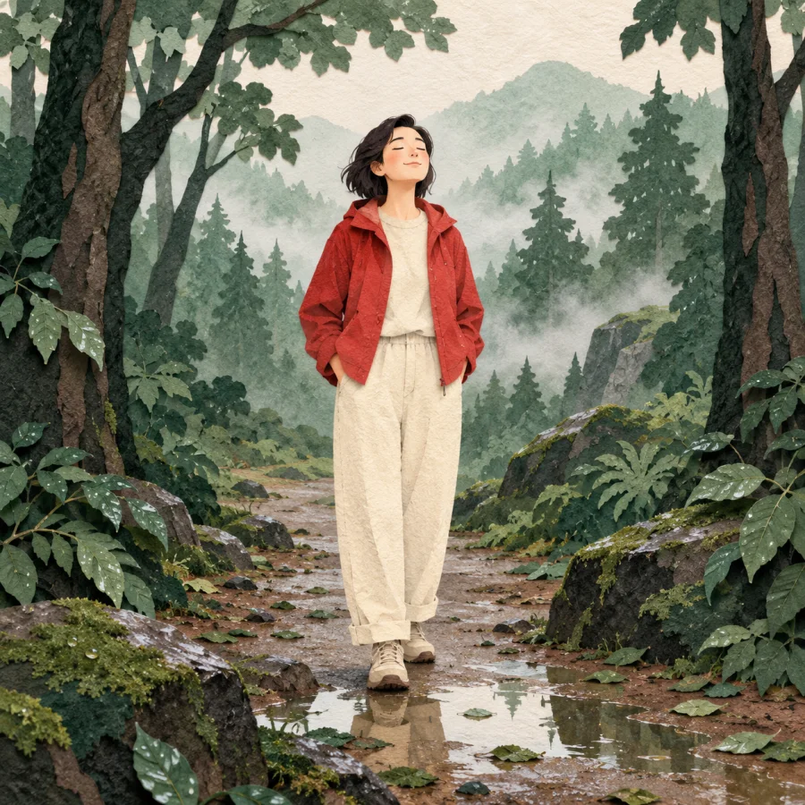 A person breathing the fresh air of a rain-washed forest