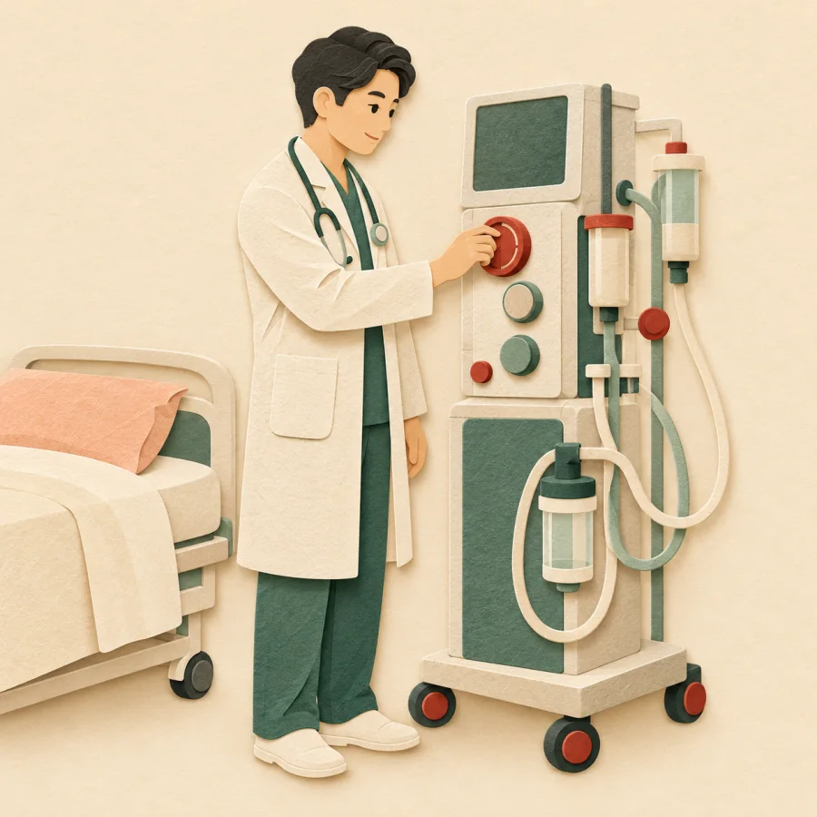 A doctor adjusting a medical apparatus by a hospital bed