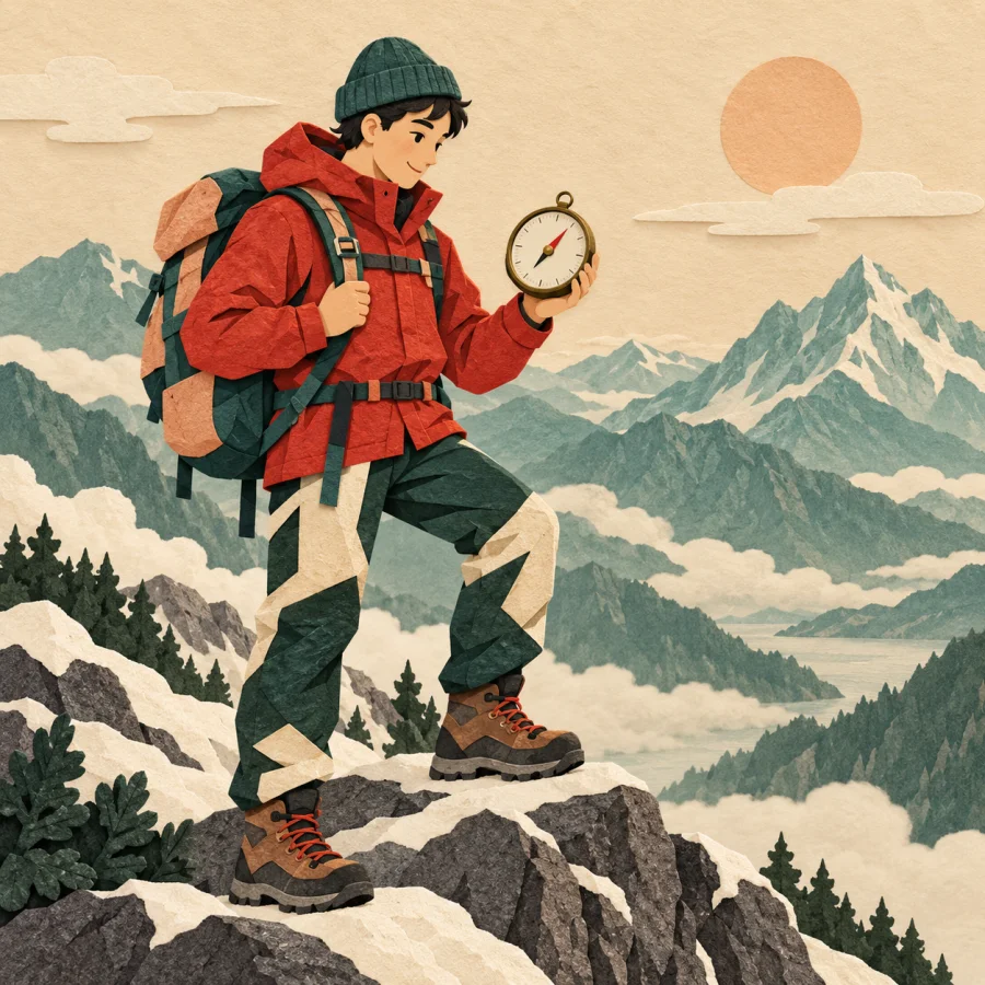 A climber on a slope checking a round barometer
