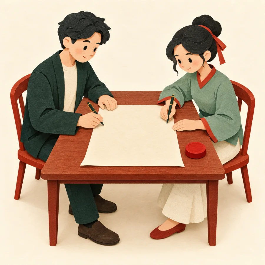 Two people signing a long paper contract at a table