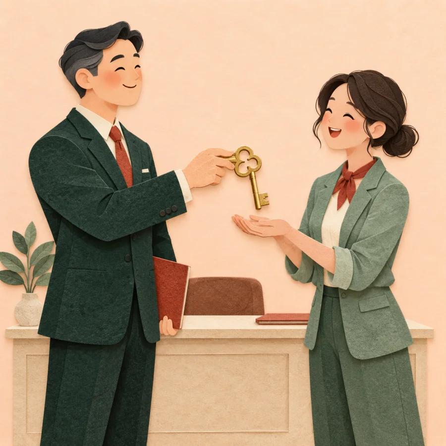 A manager hands large keys to a respectful employee at a desk
