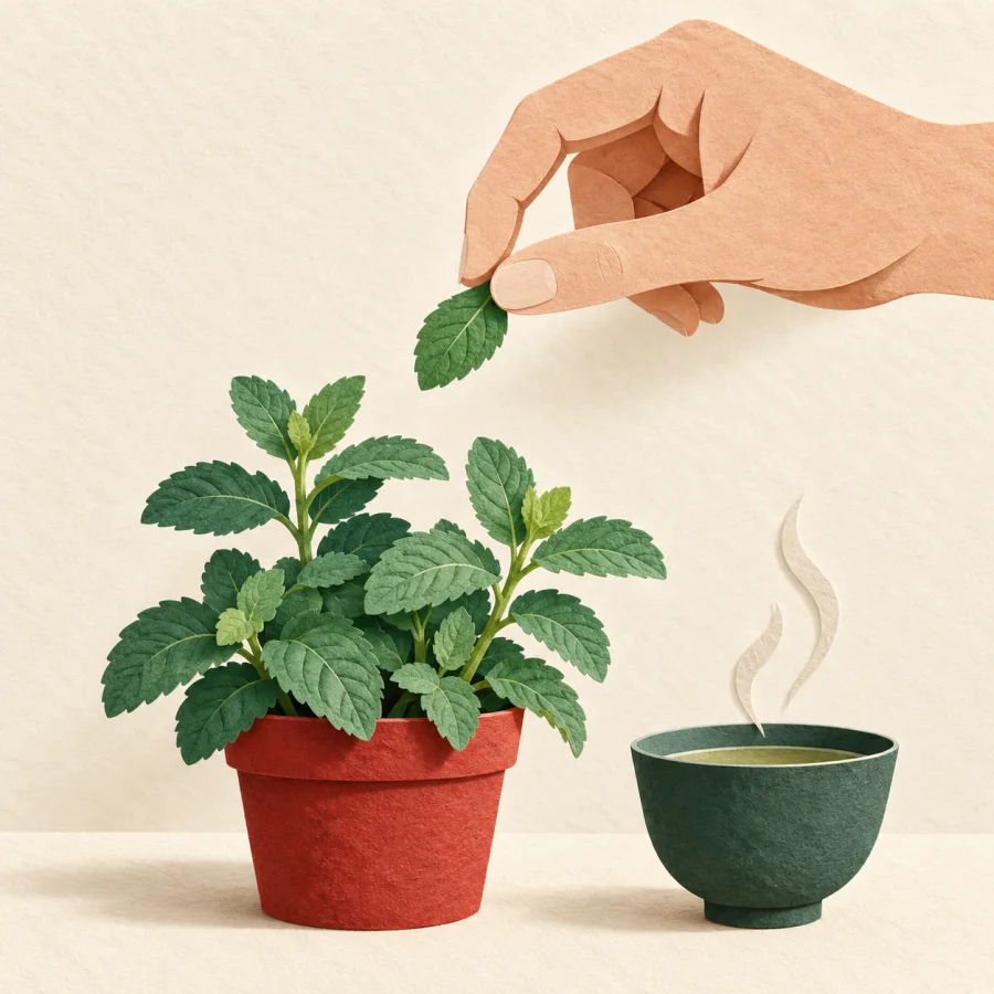 A person pinching a mint leaf beside a teacup
