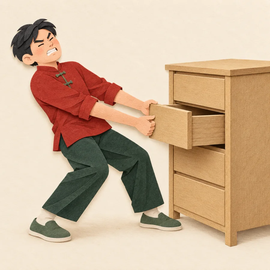 A person pulling a jammed wooden drawer