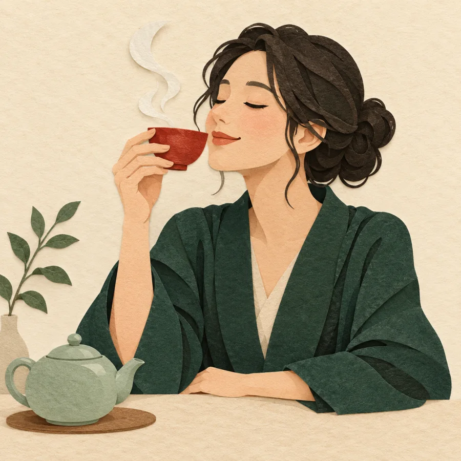A person tasting tea beside a teapot