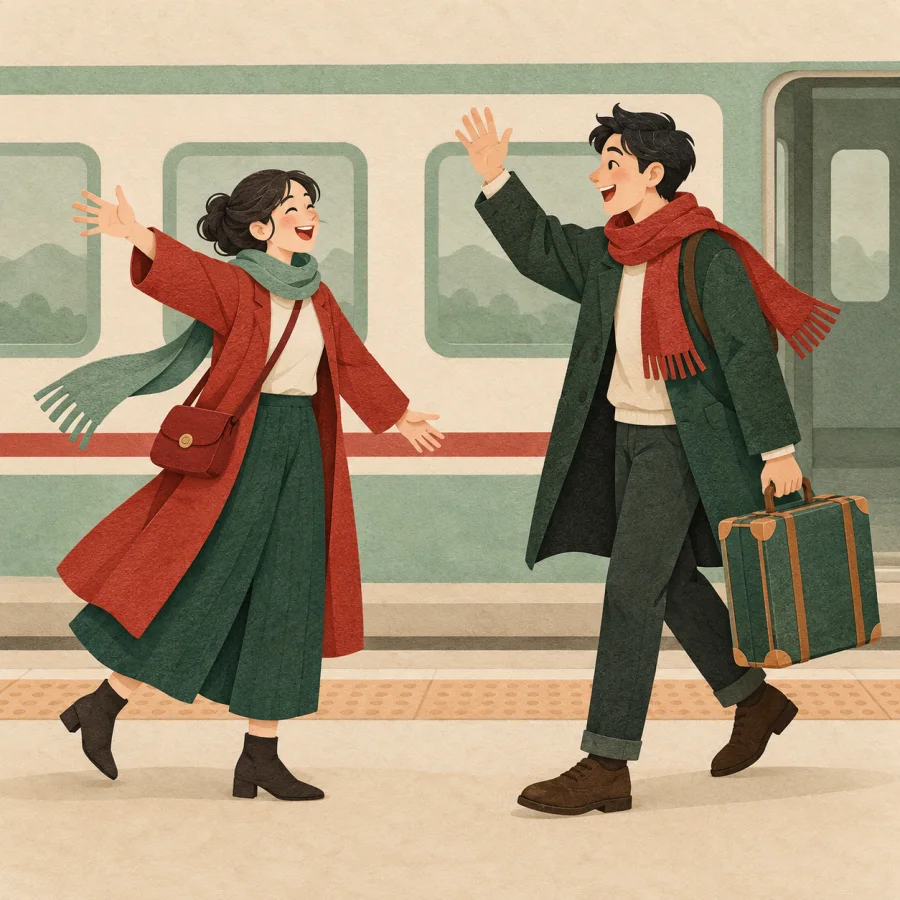 Two friends meeting by chance on a platform