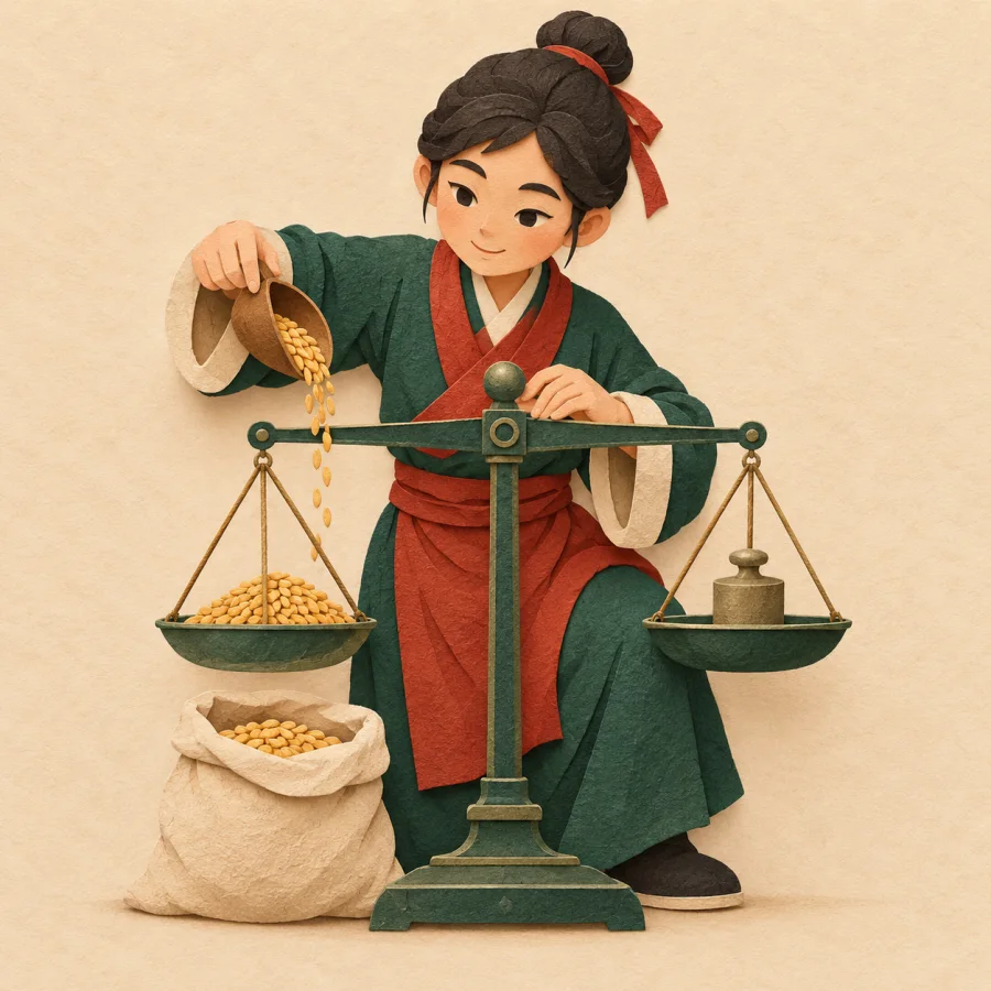 A person balancing an old scale exactly level