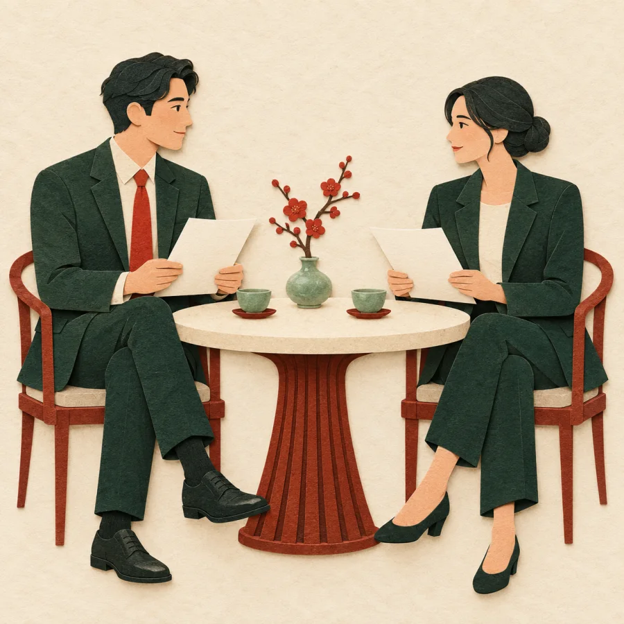 Two people negotiating across a table