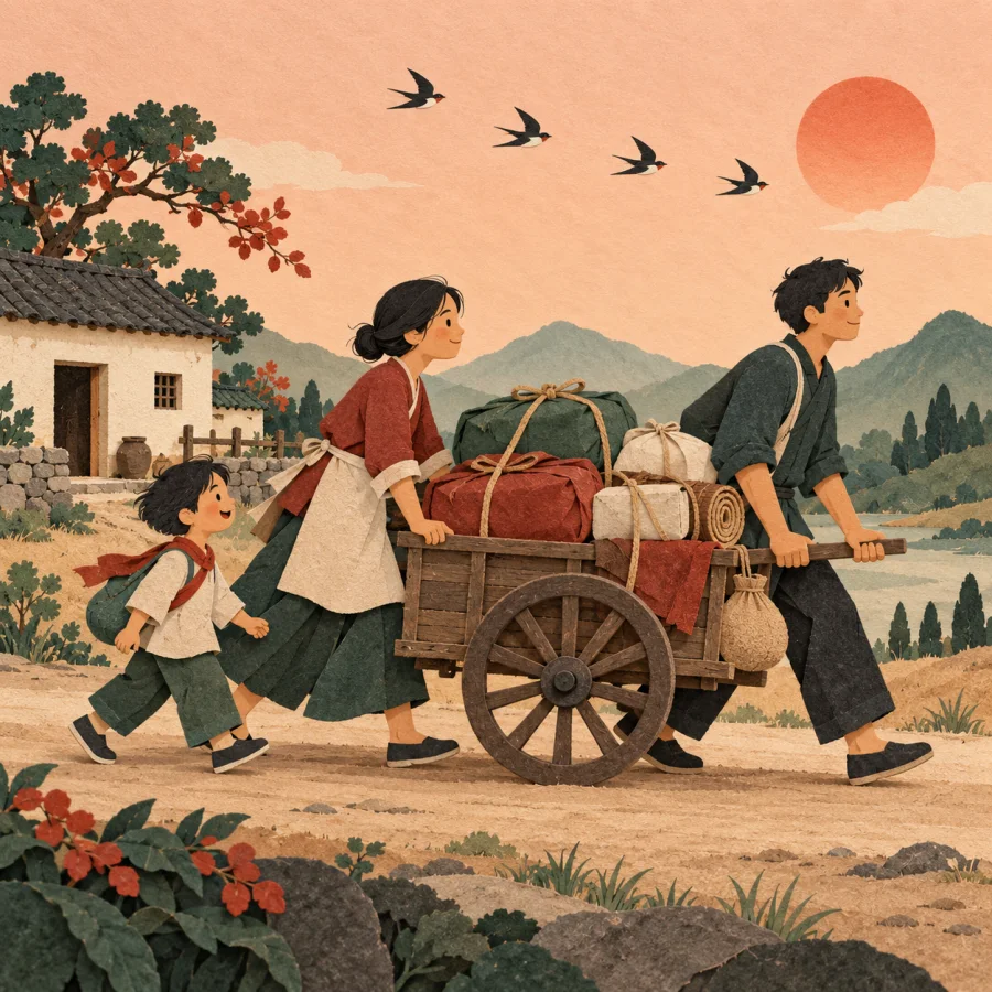 A family relocating with swallows overhead