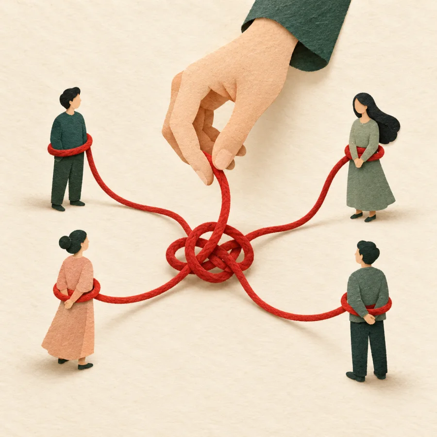 Red threads tangling and connecting several figures
