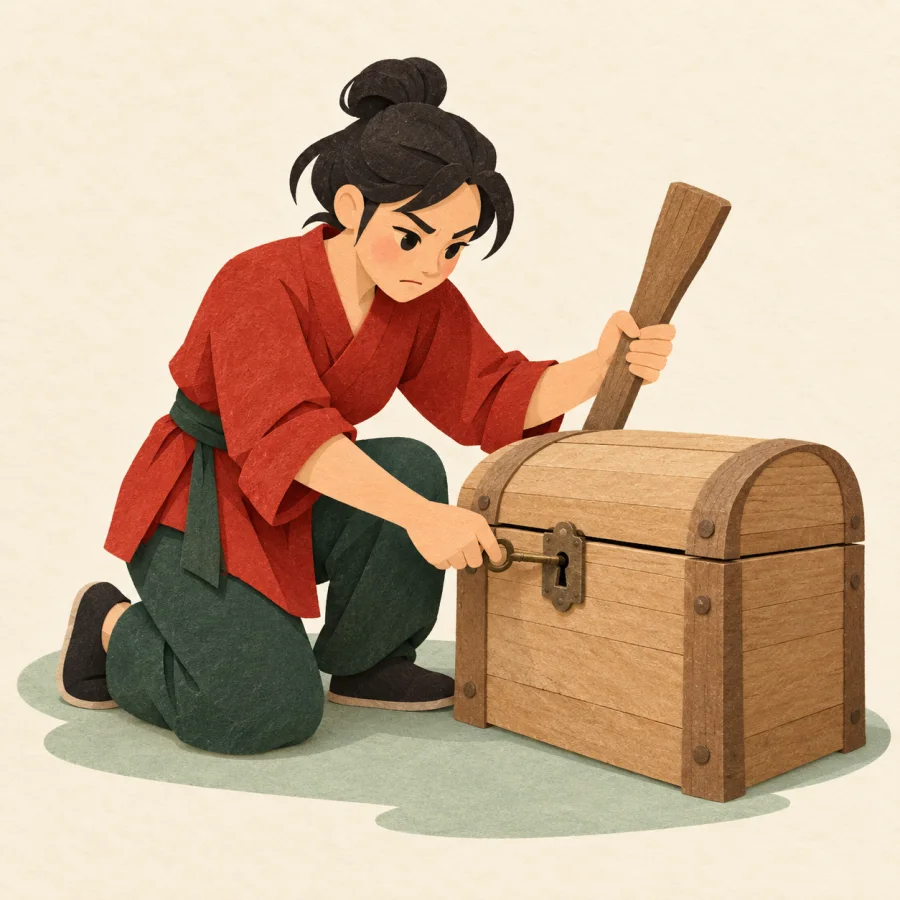A person trying various tools to open a chest