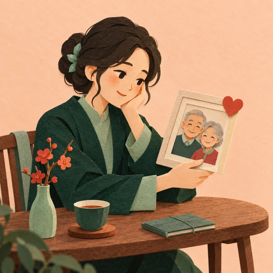 A man gazes fondly at a framed photo of his elderly parents