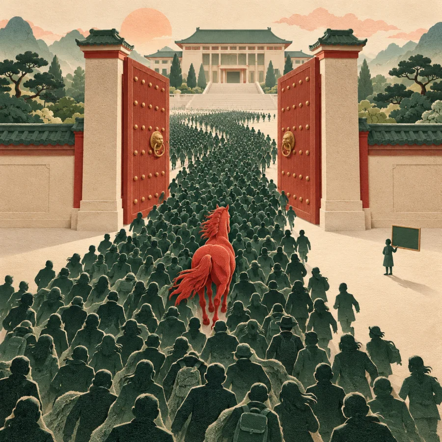 A huge crowd streams through open gates like rolling clouds