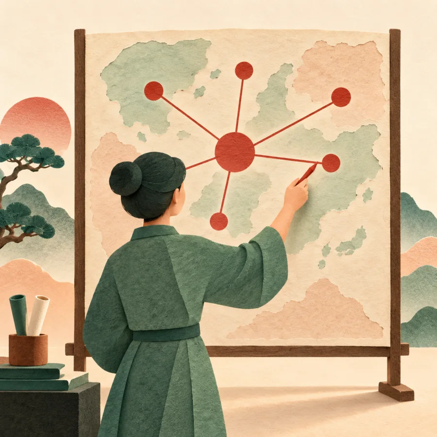 A researcher connects lines linking many groups