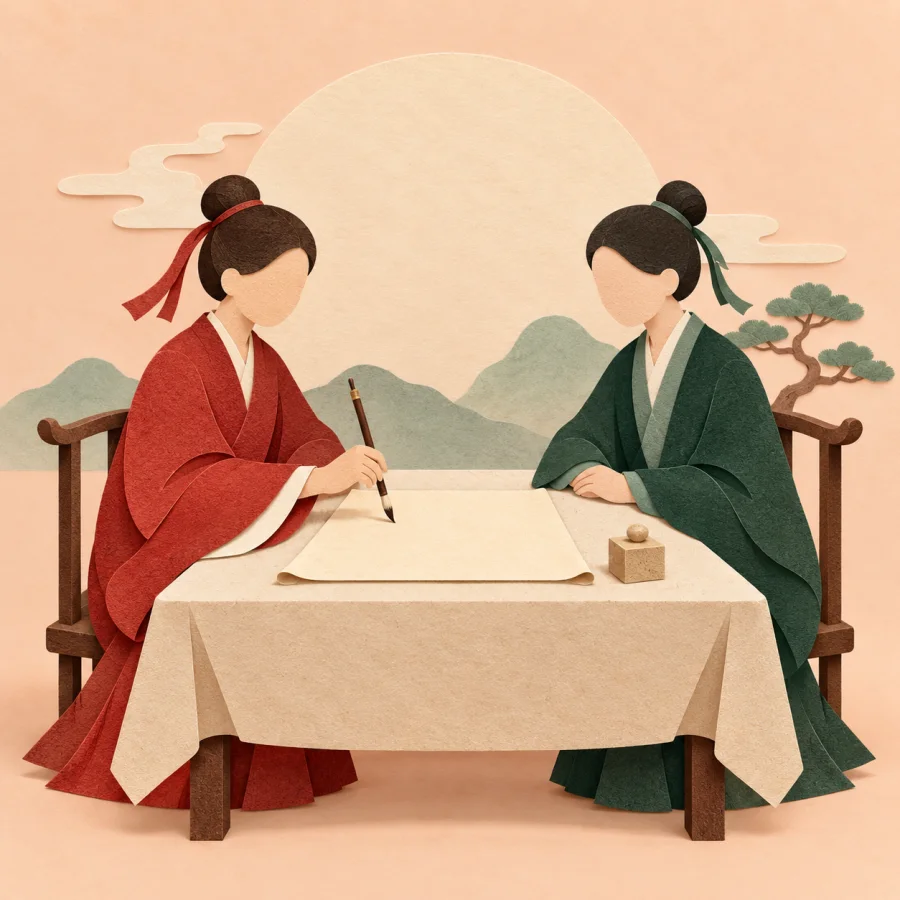 Two people signing a document across a table