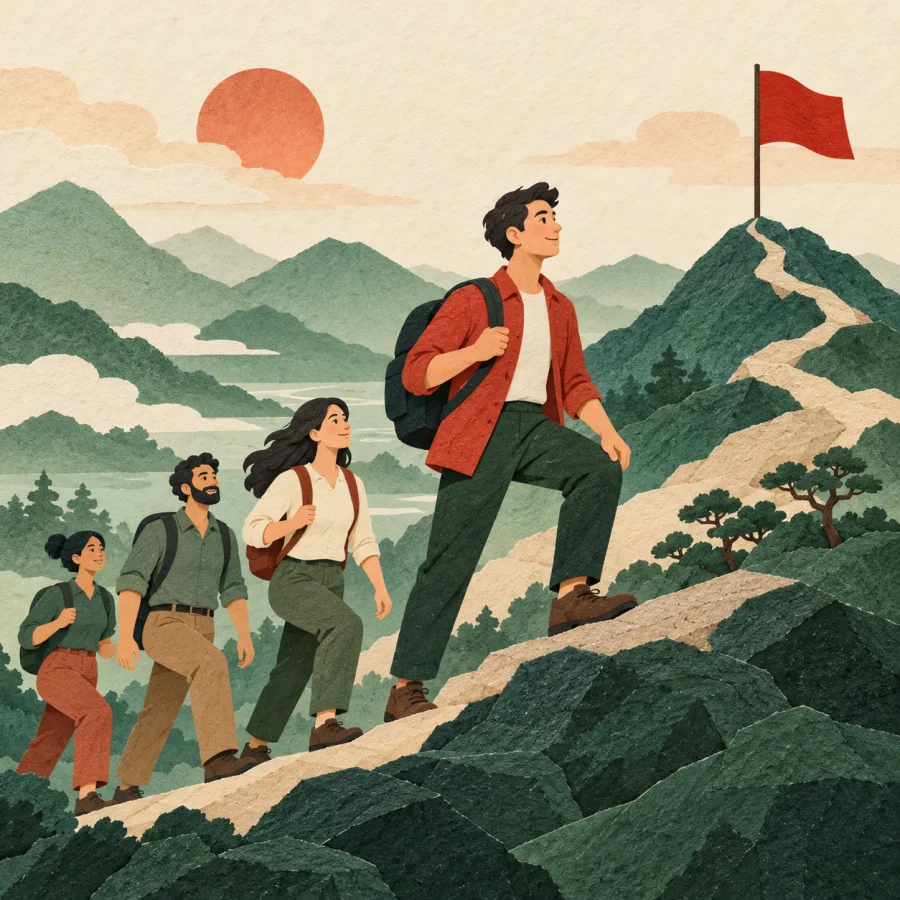 A woman walks ahead, leading a team toward a hilltop flag