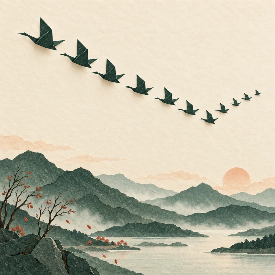 Bird flocks fly south over mountains in autumn