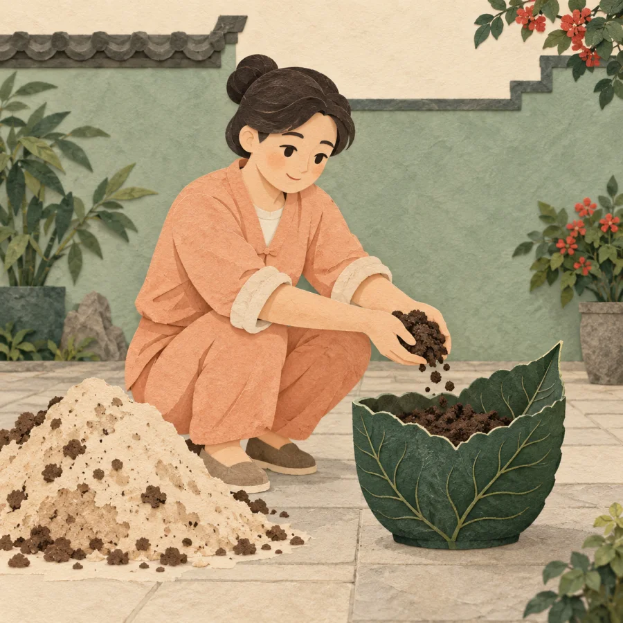 A worker moves soil into a magnolia-leaf pot