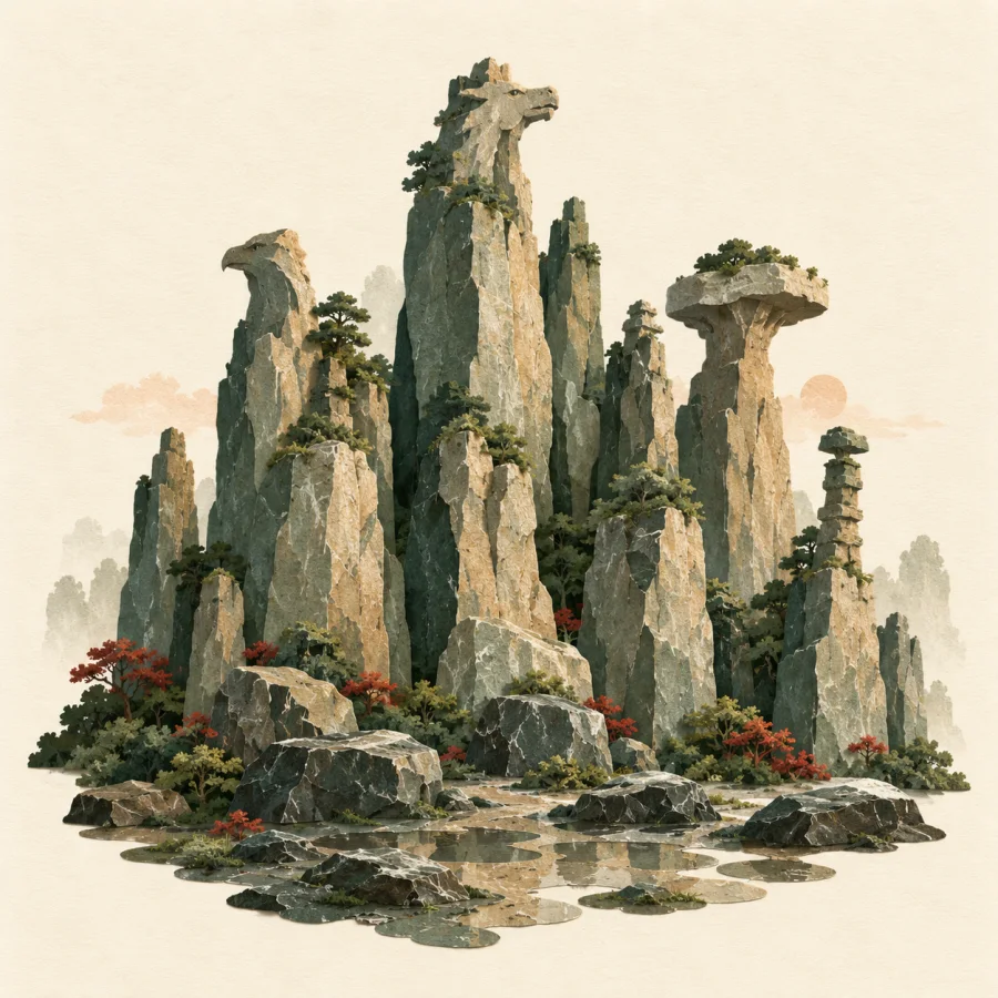 A stone forest after rain with rocks of many different shapes