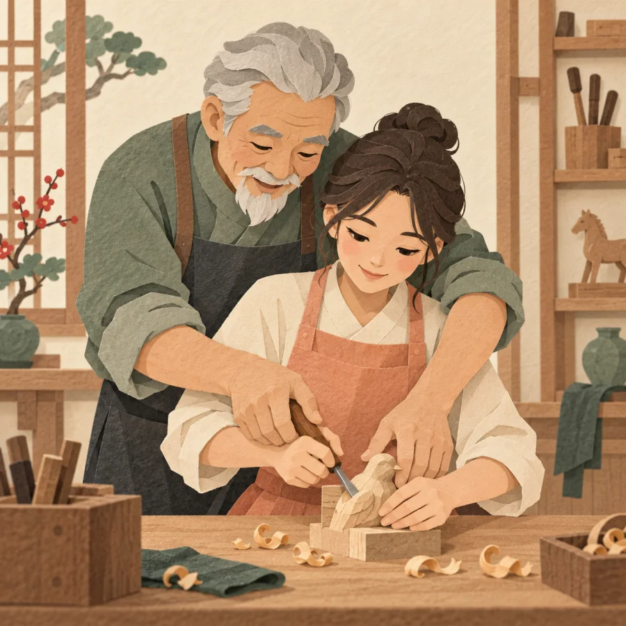 A gray-haired senior craftsman guides a young apprentice at a workbench