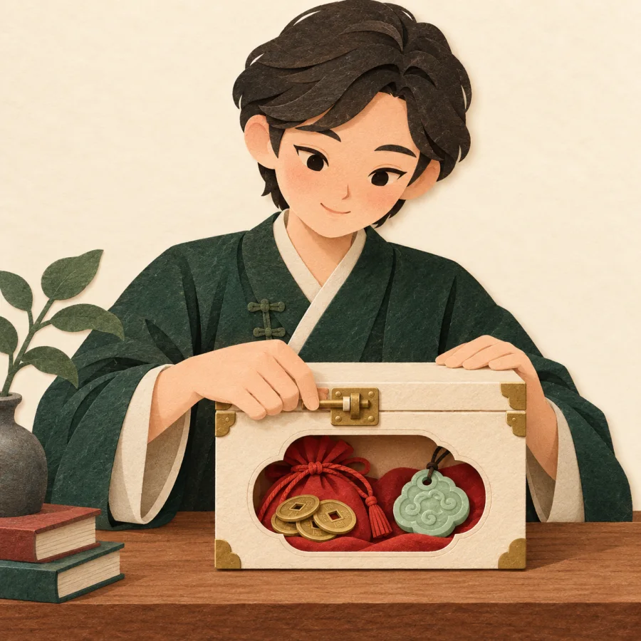A person locks a wooden box holding a money pouch and valuables