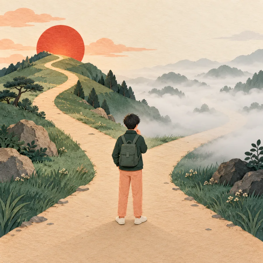 A person chooses between a bright upward path and a foggy flat road