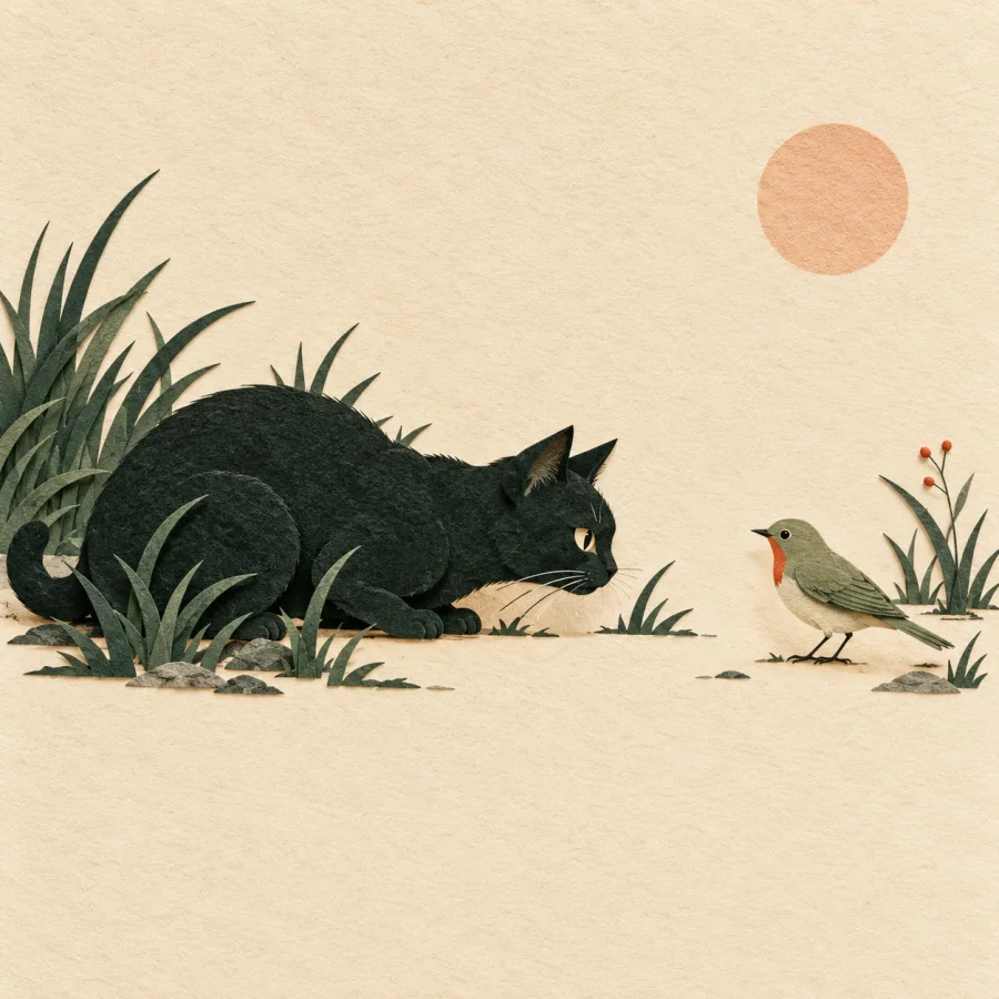 A cat crouches low in thick grass watching a bird