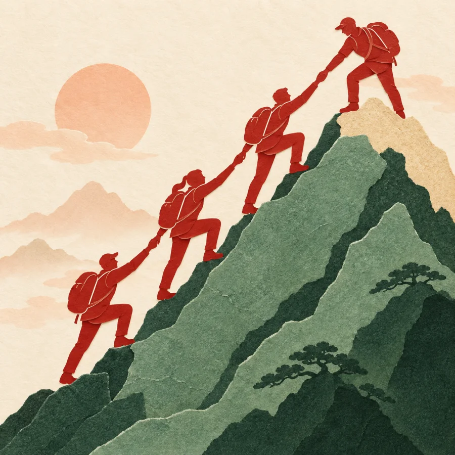 A line of climbers ascends a steep slope one above another