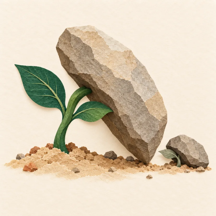 A small sprout lifting up a large heavy stone