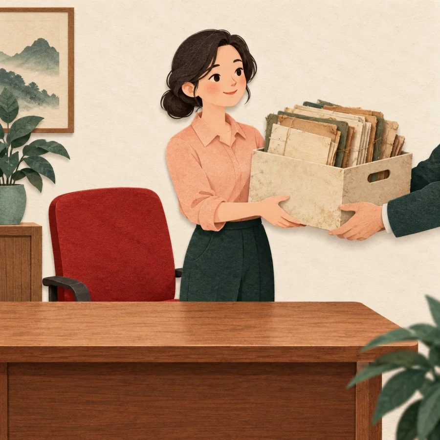 A newcomer receives a box of old files at an emptied desk