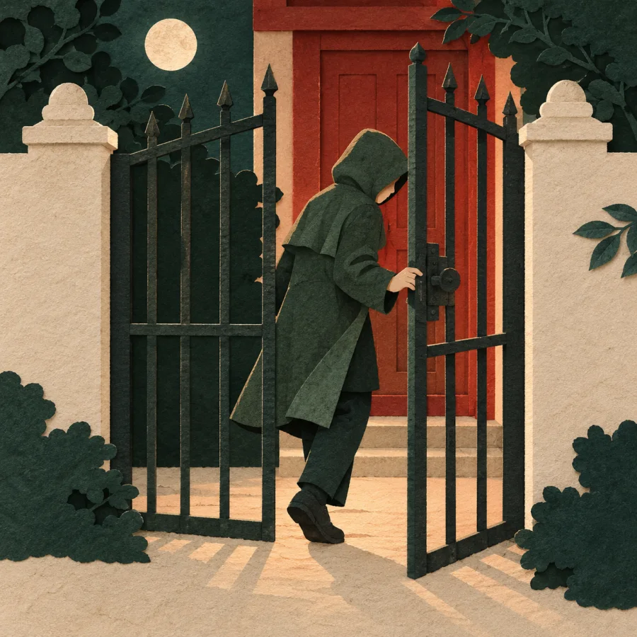 A hooded person slips through a half-open iron gate at night.