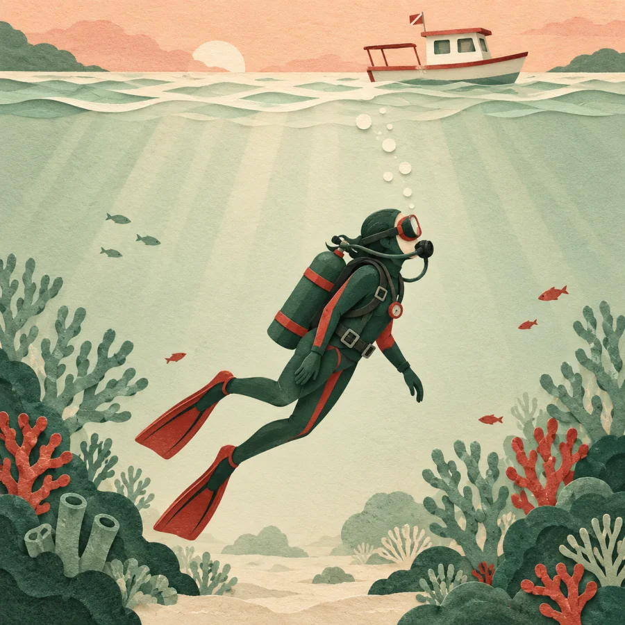 A diver floats underwater among coral and small fish.