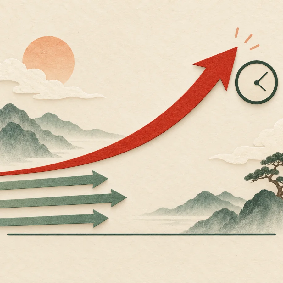 A red arrow races far ahead of a line of small arrows.