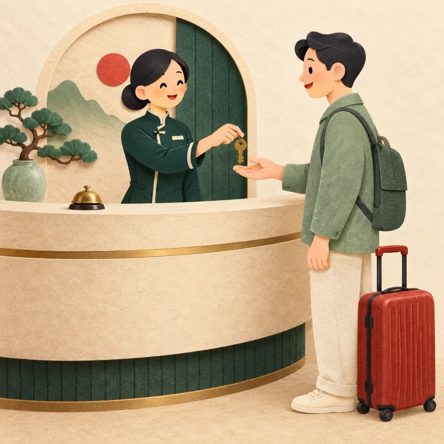 A receptionist behind a curved desk hands a key to a guest.