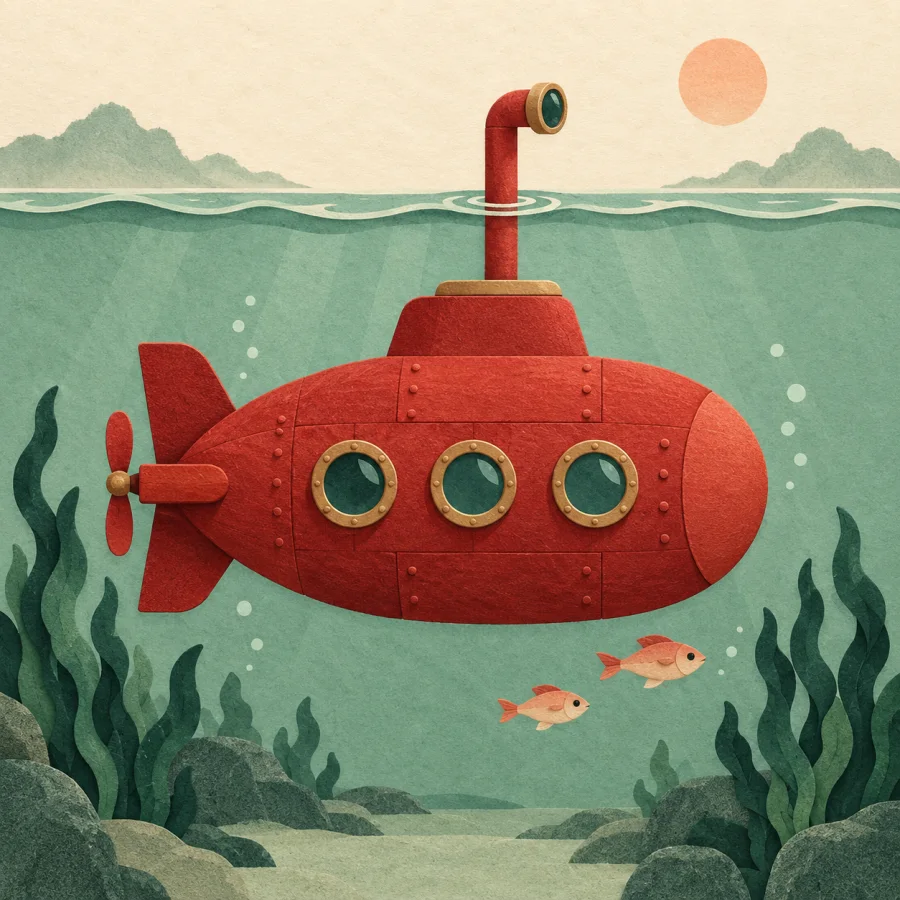 A red submarine glides past deep ink green seaweed.