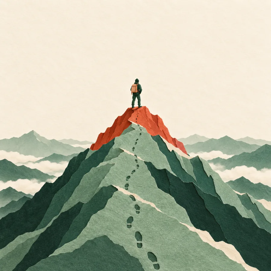 A climber stands on the highest peak where the footprint trail ends below.