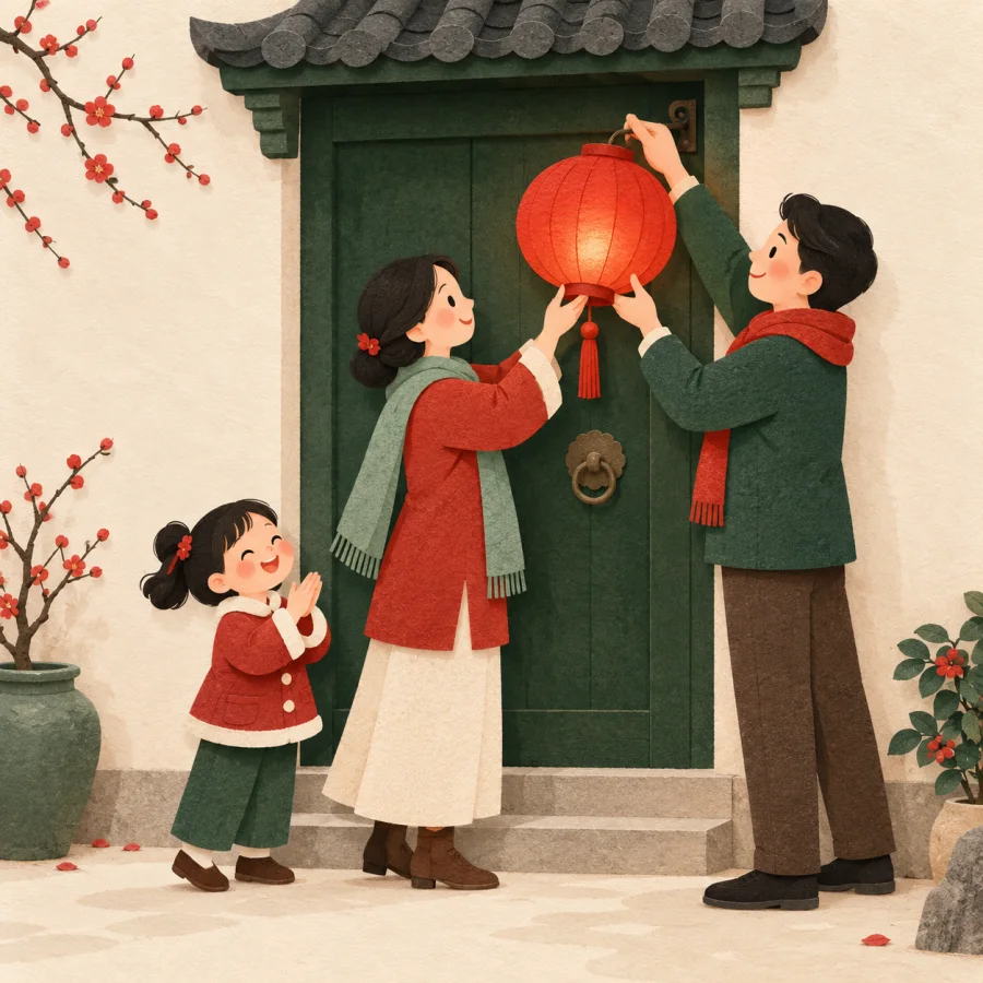 A family hangs a red lantern by their door on festival eve.