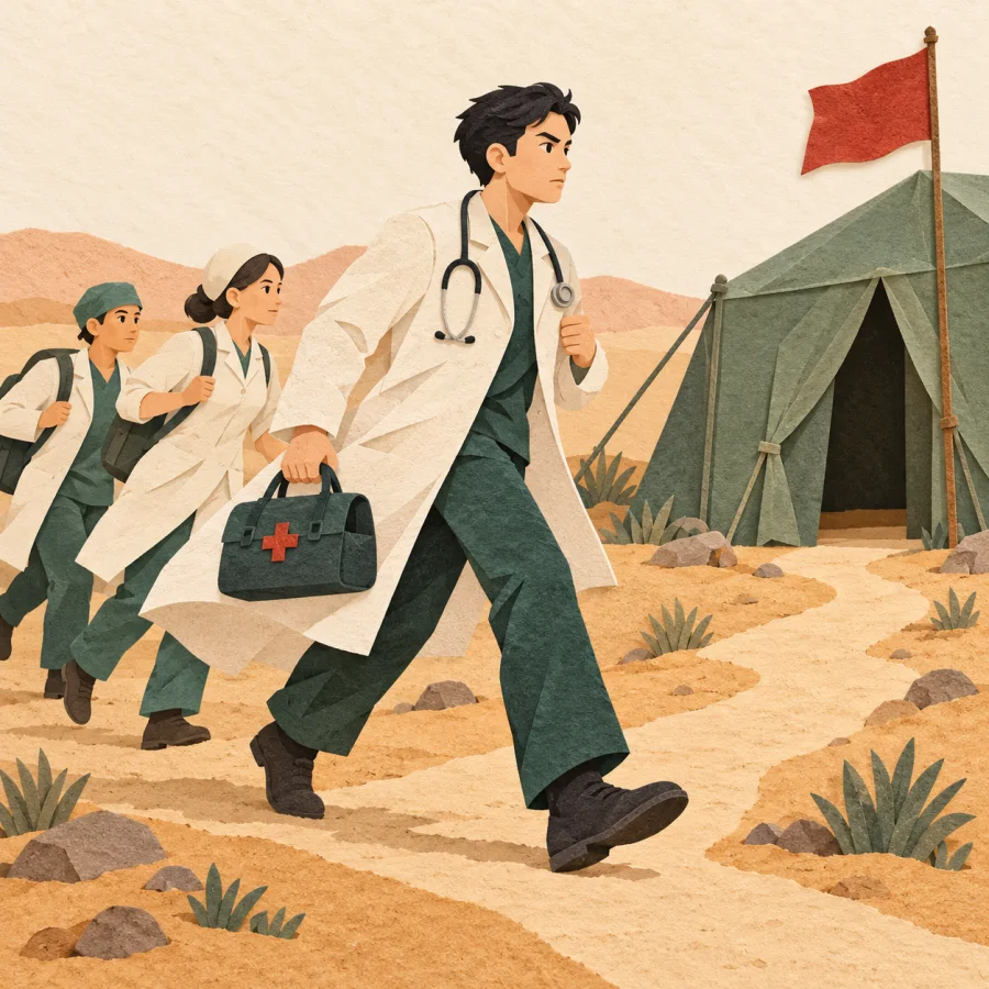 A determined doctor walks first toward a small field clinic tent.