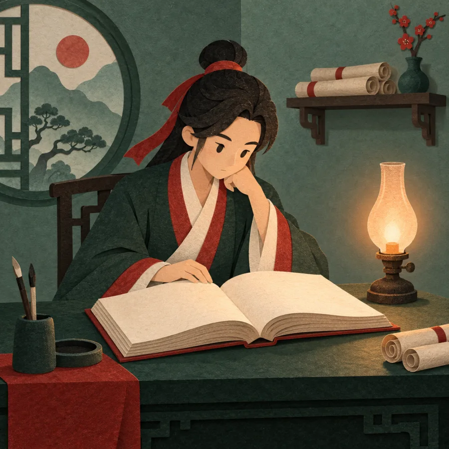 A scholar bent over an old book beside a lit oil lamp.