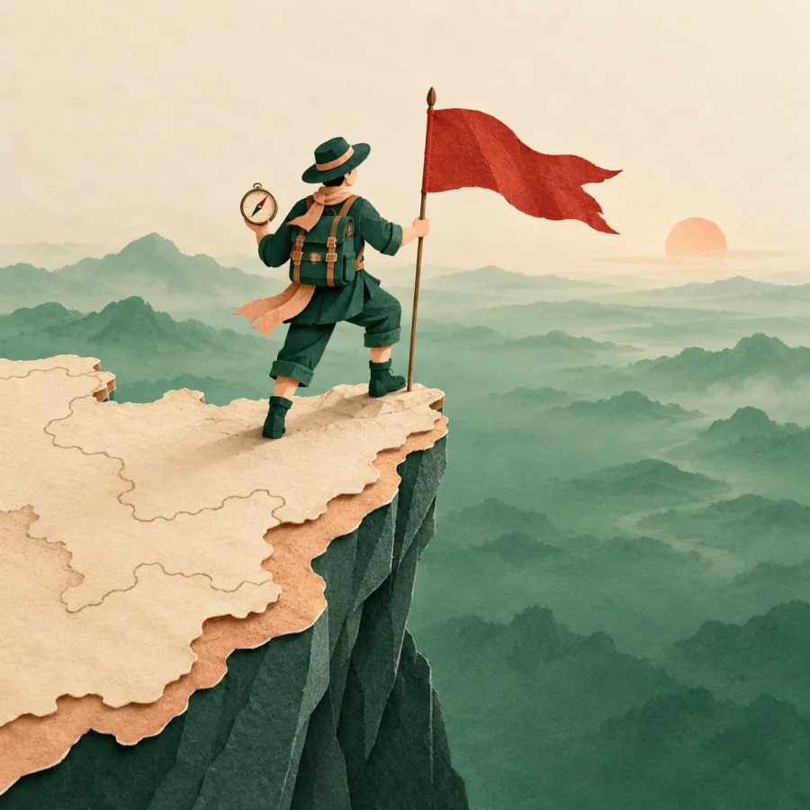 An explorer plants a flag on the edge of a map-shaped cliff.