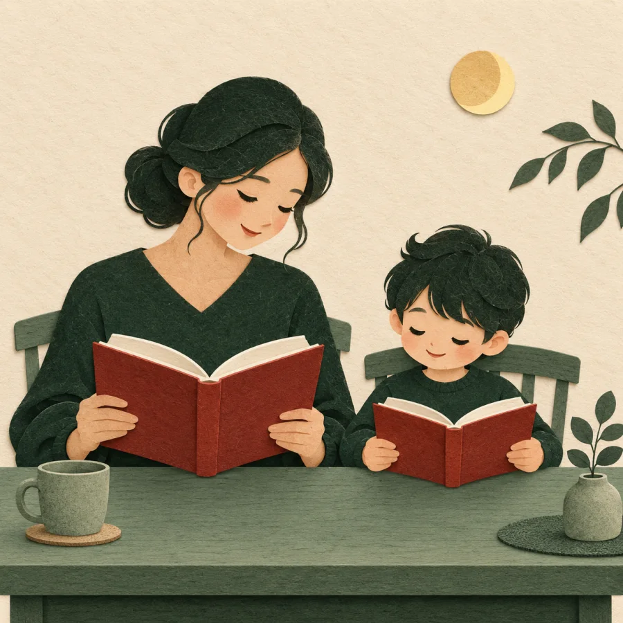 A mother reads at a table while a child beside her unknowingly copies her
