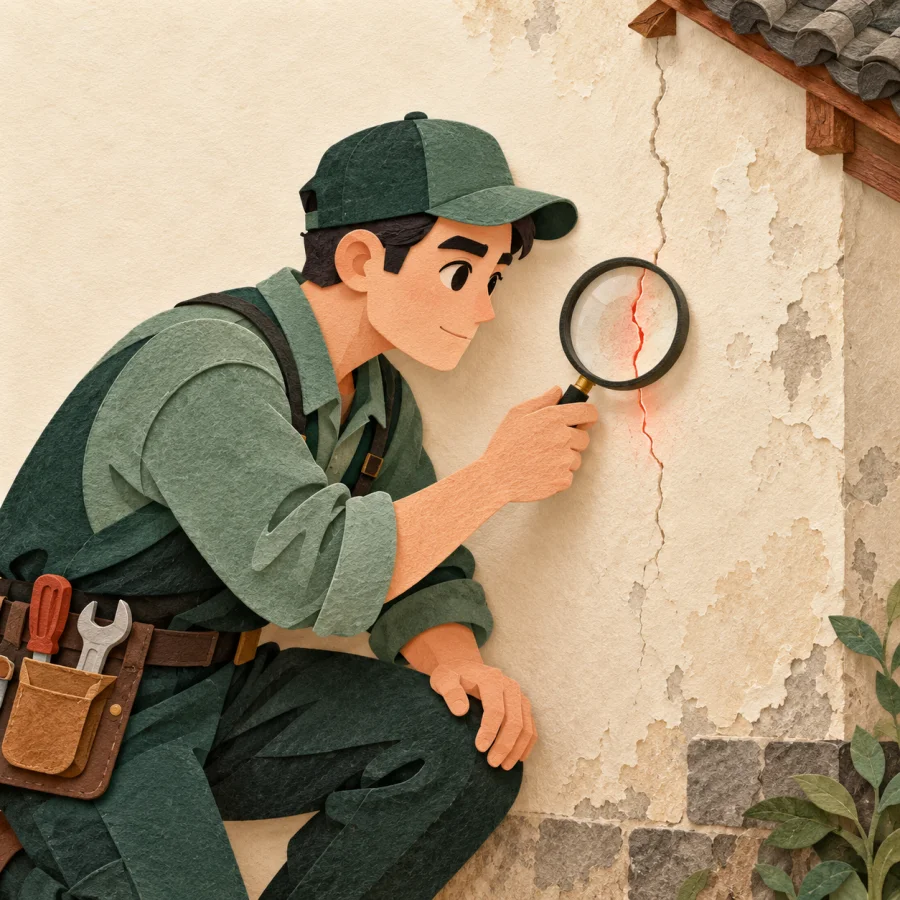 A handyman with a magnifying glass inspects a wall hiding a thin crack
