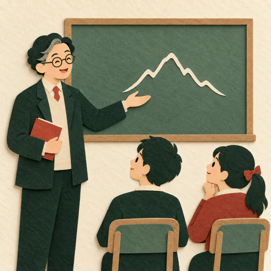 A professor gestures at a simple diagram while two students nod