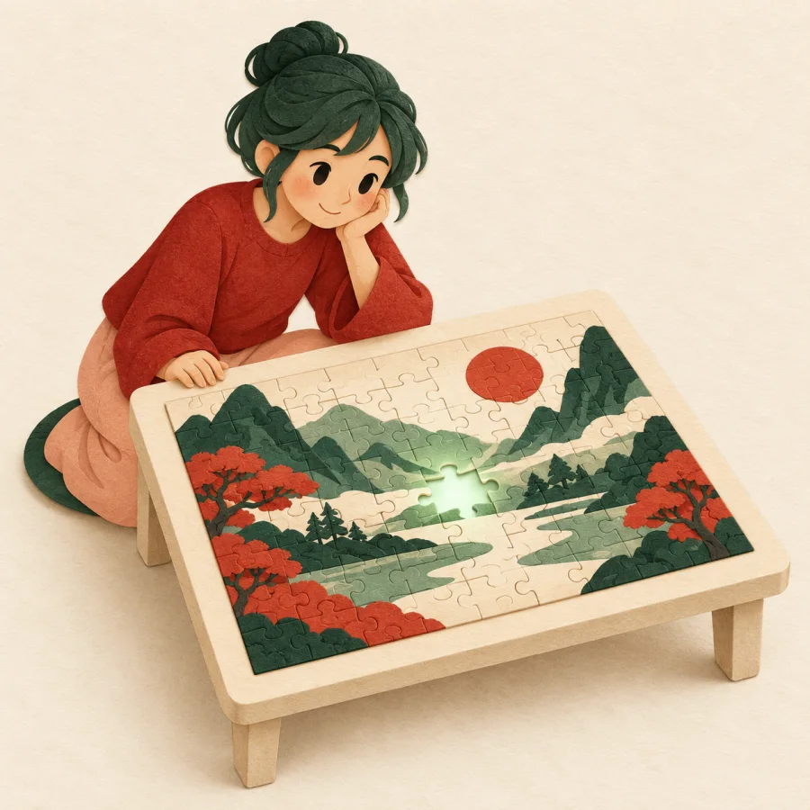 A person kneels by an almost finished puzzle with one piece missing