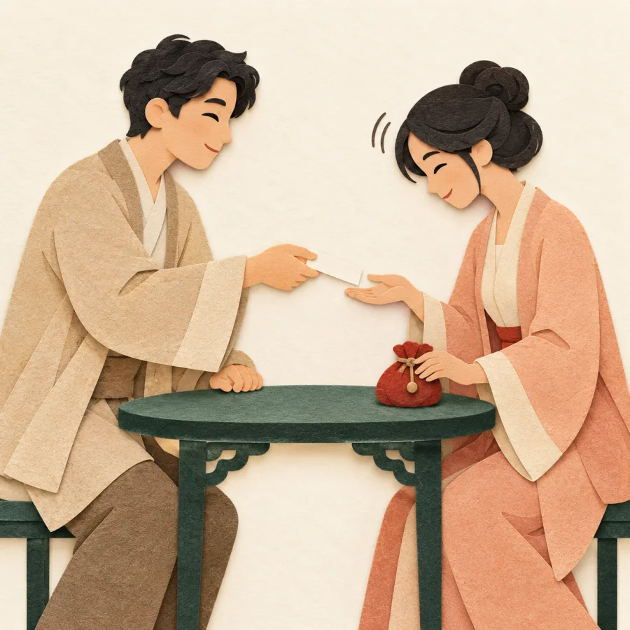 Two people at a table exchange a small paper slip, one with a pouch