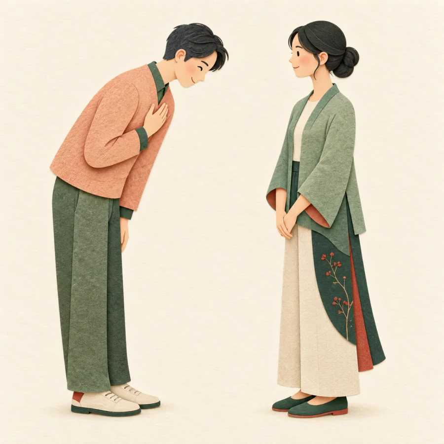 One person bows with a hand pressed to the chest, another listens