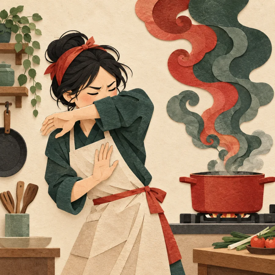 A cook bends away from a steaming pot covering mouth and nose