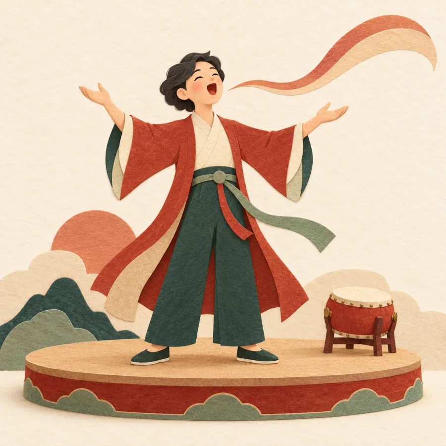A person sings with open mouth beside a small drum on a stage