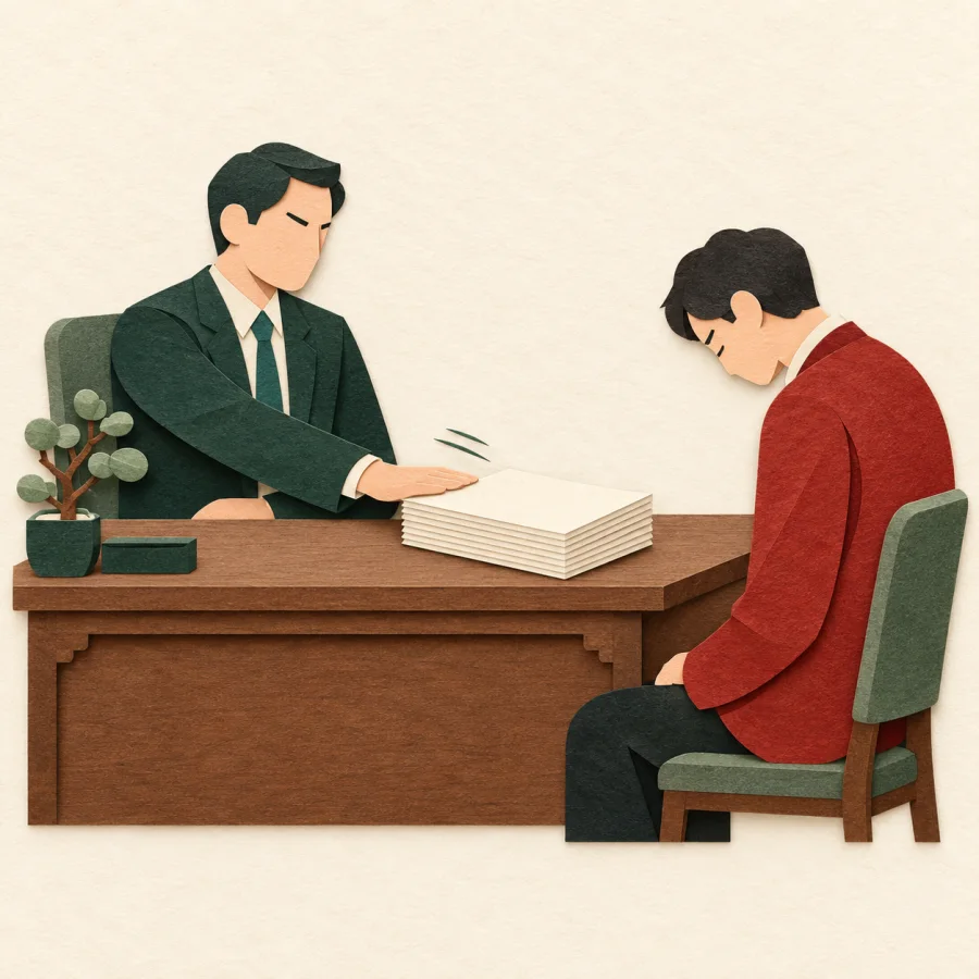 A manager slides a document back across a desk, shoulders slump nearby